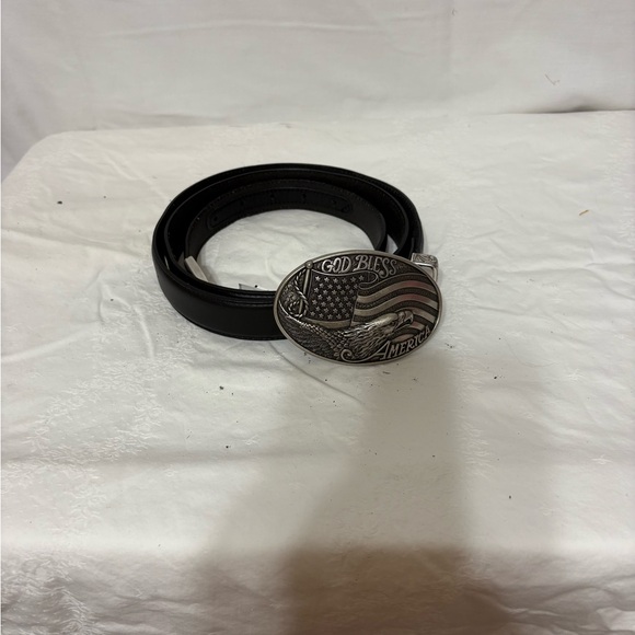 Nocona God Bless America antique silver-toned oval leather belt/buckle size 46. - Picture 3 of 8